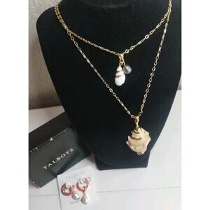 Talbots NEW Pearl Drop Enamel Hoop Earrings 2 Gold Dipped Seashell Necklaces Set